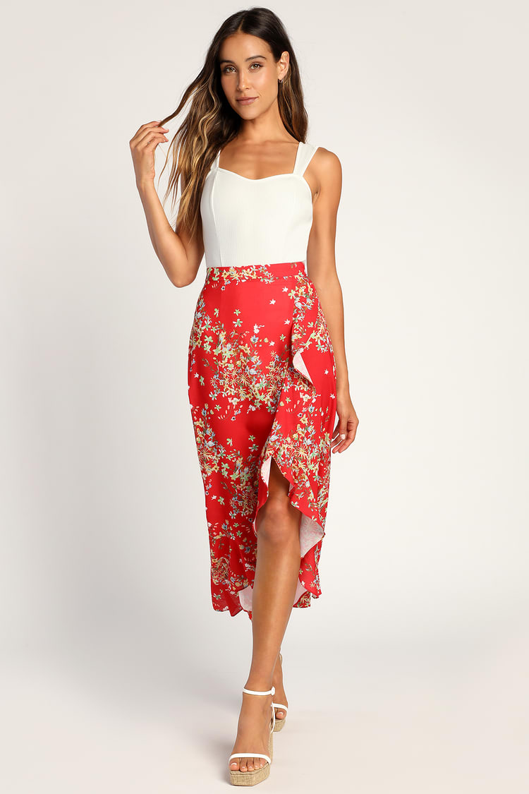 Red Skirt - Floral Print Midi Skirt - Ruffled High-Low Skirt - Lulus