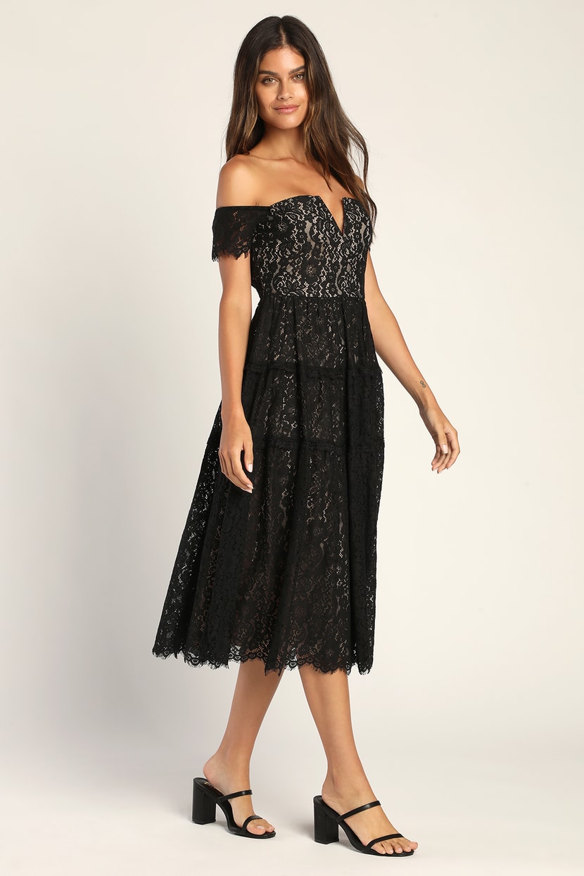 Black Lace Dress - Off-the-Shoulder Dress - Floral Lace Dress - Lulus