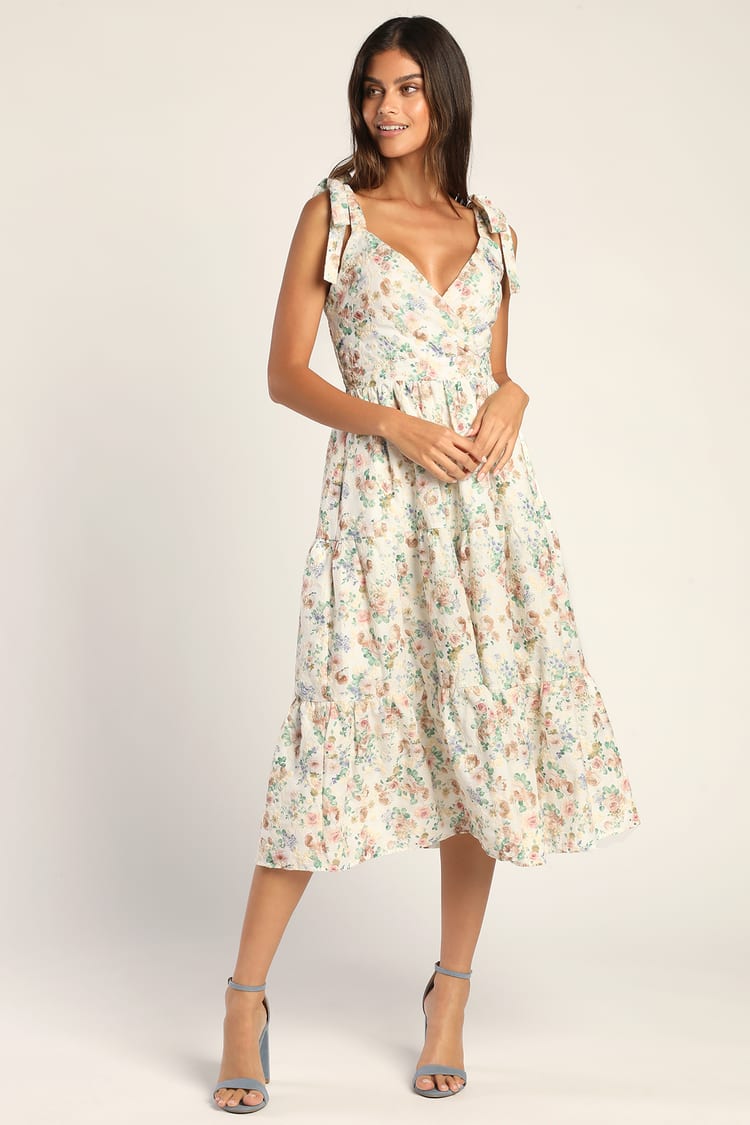 Cream Floral Midi Dress - Embroidered Dress - Midi Dress - Lulus