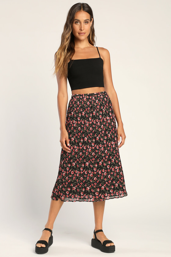 Black Floral Print Skirt A Line Midi Skirt Pleated Skirt Lulus 1022