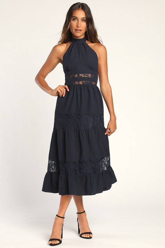 Navy Midi Dress - Tiered Midi Dress - Halter Dress - Lulus