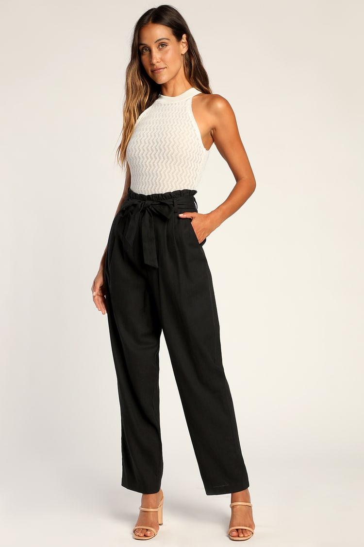 Black Linen Pants - Trouser Pants - High Rise Paperbag Pants - Lulus