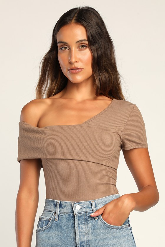 Light Brown Bodysuit Ribbed Bodysuit One Shoulder Bodysuit Lulus