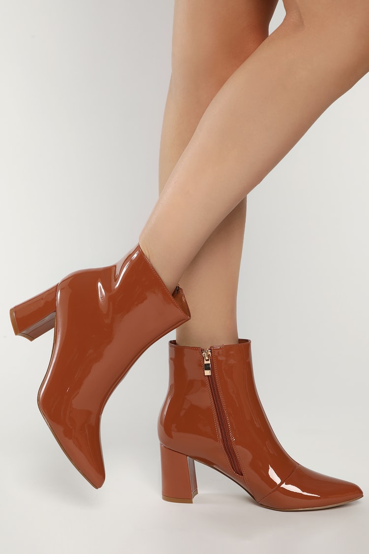 Chic Cognac Boots - Pointed-Toe Boots - Patent Brown Ankle Boots - Lulus