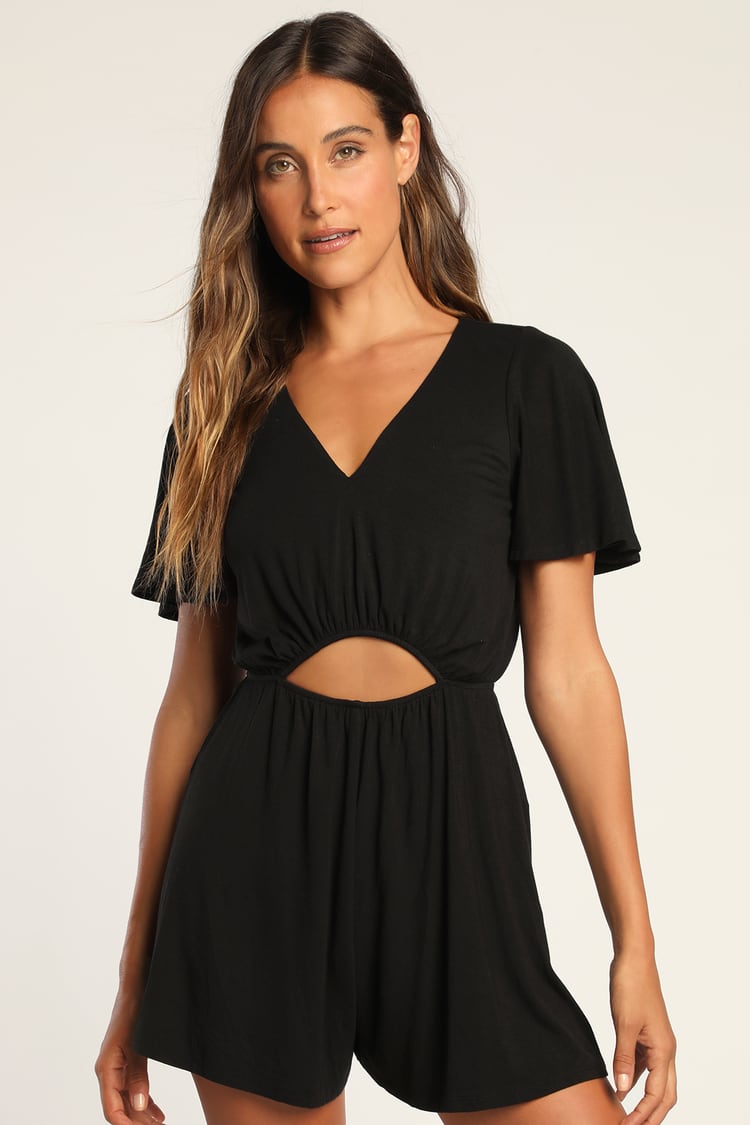 Black Romper Shorts Outfit with V Neck and Long Sleeve
