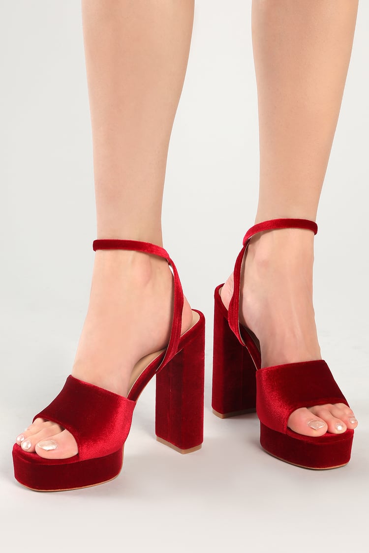 Red Platform Heels - Velvet High Heels - Ankle Strap High Heels - Lulus