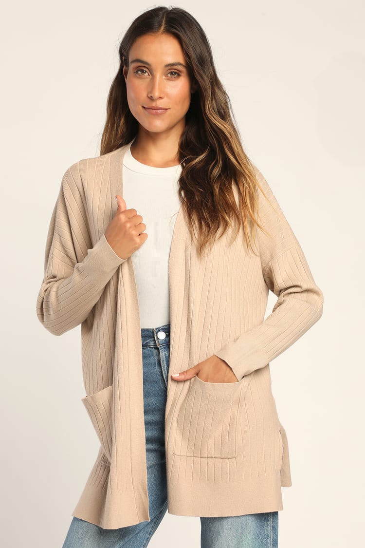 Taupe Cardigan Sweater - Ribbed Knit Cardigan - Open Front Cardi - Lulus