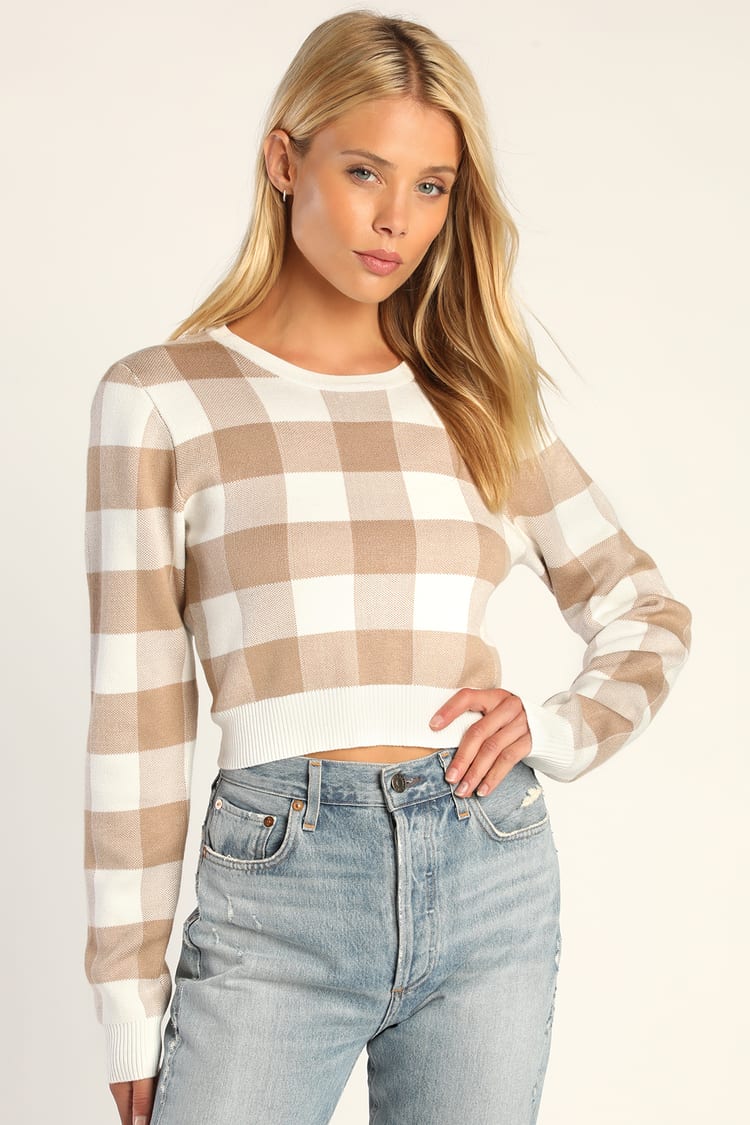 Taupe Gingham Sweater - Cropped Sweater - Pullover Sweater - Lulus
