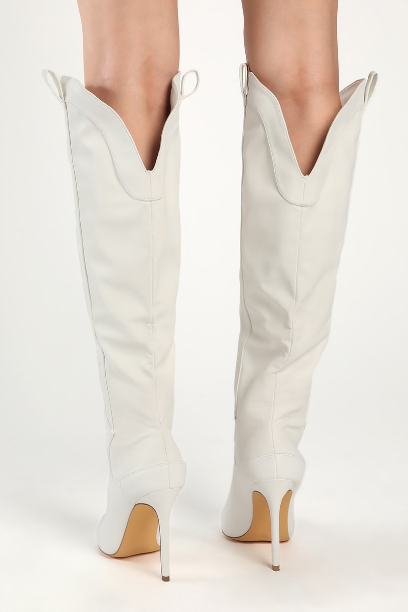 Lulus | Katari Off White Pointed-Toe Knee High High Heel Boots | Size 8 | Vegan Friendly