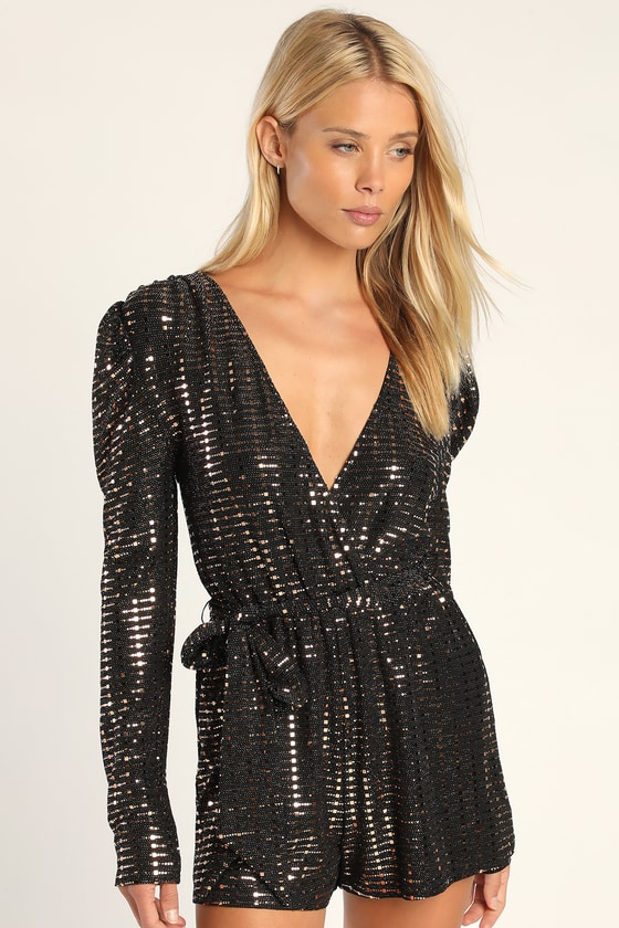 Fun Black Metallic Romper Long Sleeve Romper Romper Lulus 5392