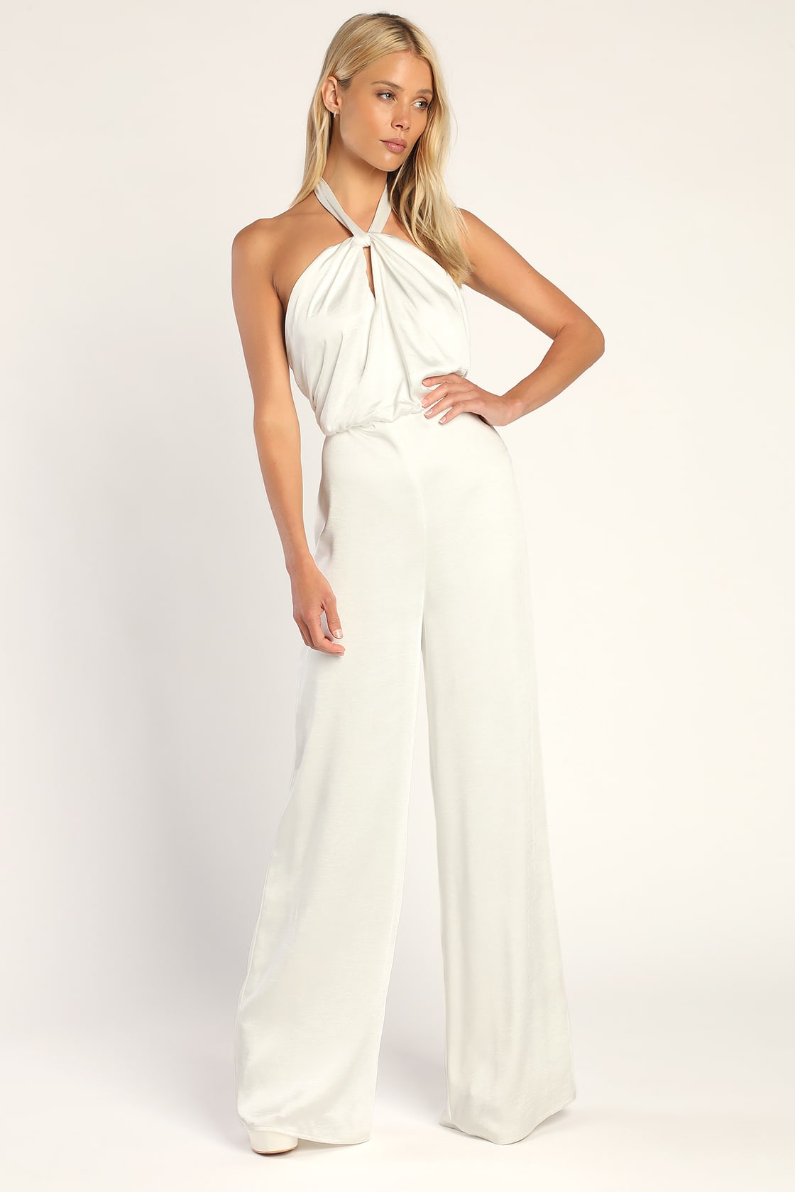 Ivory Satin Jumpsuit - Halter Jumpsuit - Wide-Leg Jumpsuit - Lulus