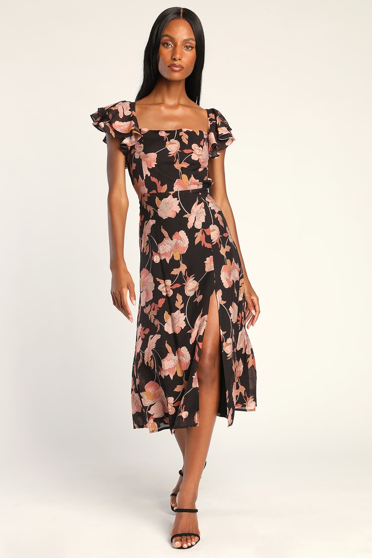 Black Floral Dress - Tie-Back Midi Dress - Ruffle Sleeve Dress - Lulus