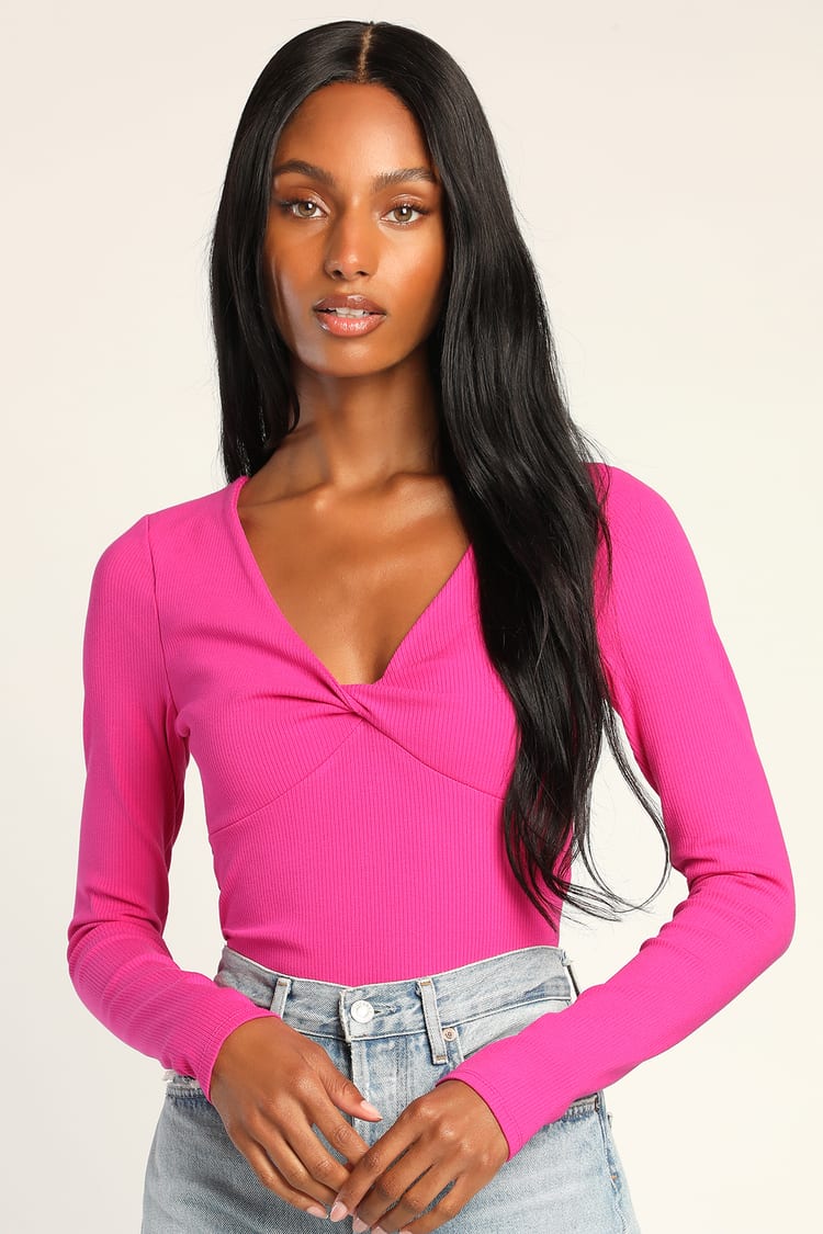 Always Trending Hot Pink Ribbed Twist-Front Long Sleeve Top
