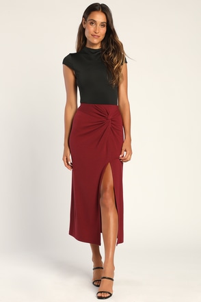 Wine Red Midi Skirt - Twist-Front Midi Skirt - Knit Midi Skirt - Lulus