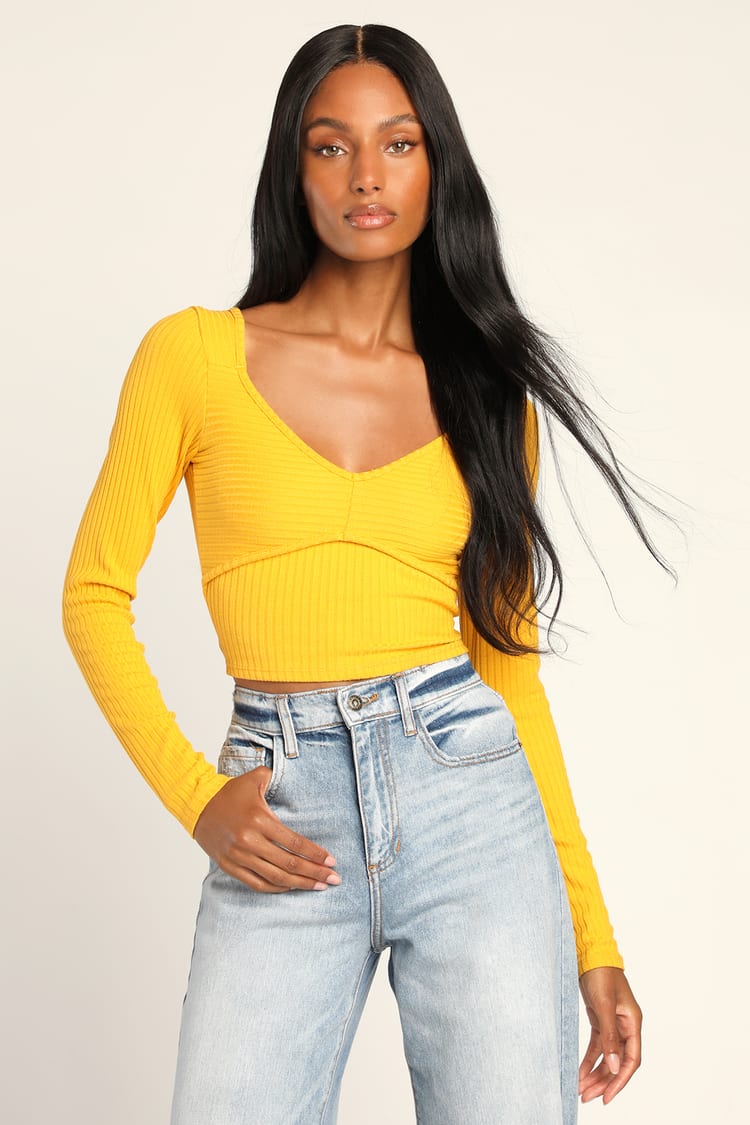 Yellow Ribbed Top - Long Sleeve Top - Cropped Long Sleeve Top - Lulus