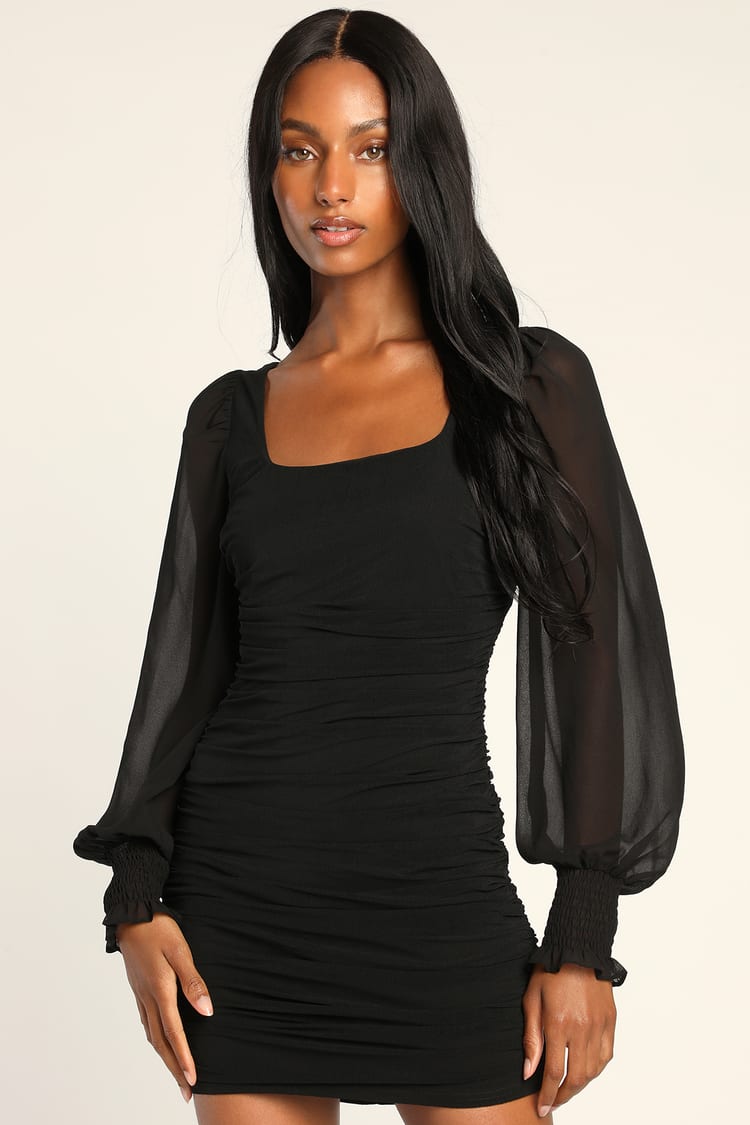 Cute Black Mini Dress - Ruched Bodycon Dress - Long Sleeve Dress - Lulus