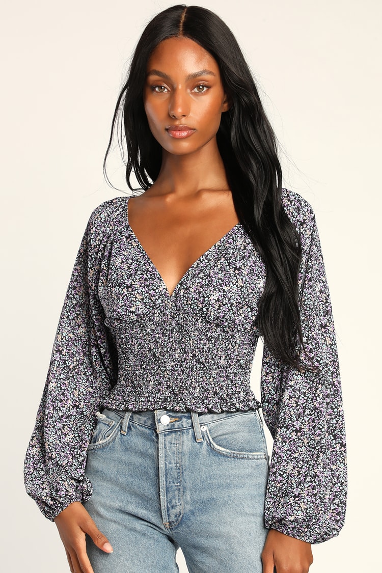 Blossoming Bounty Black Floral Print Smocked Long Sleeve Top