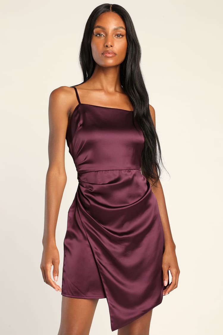 Purple Satin Dress - Faux-Wrap Mini Dress - Asymmetrical Dress - Lulus