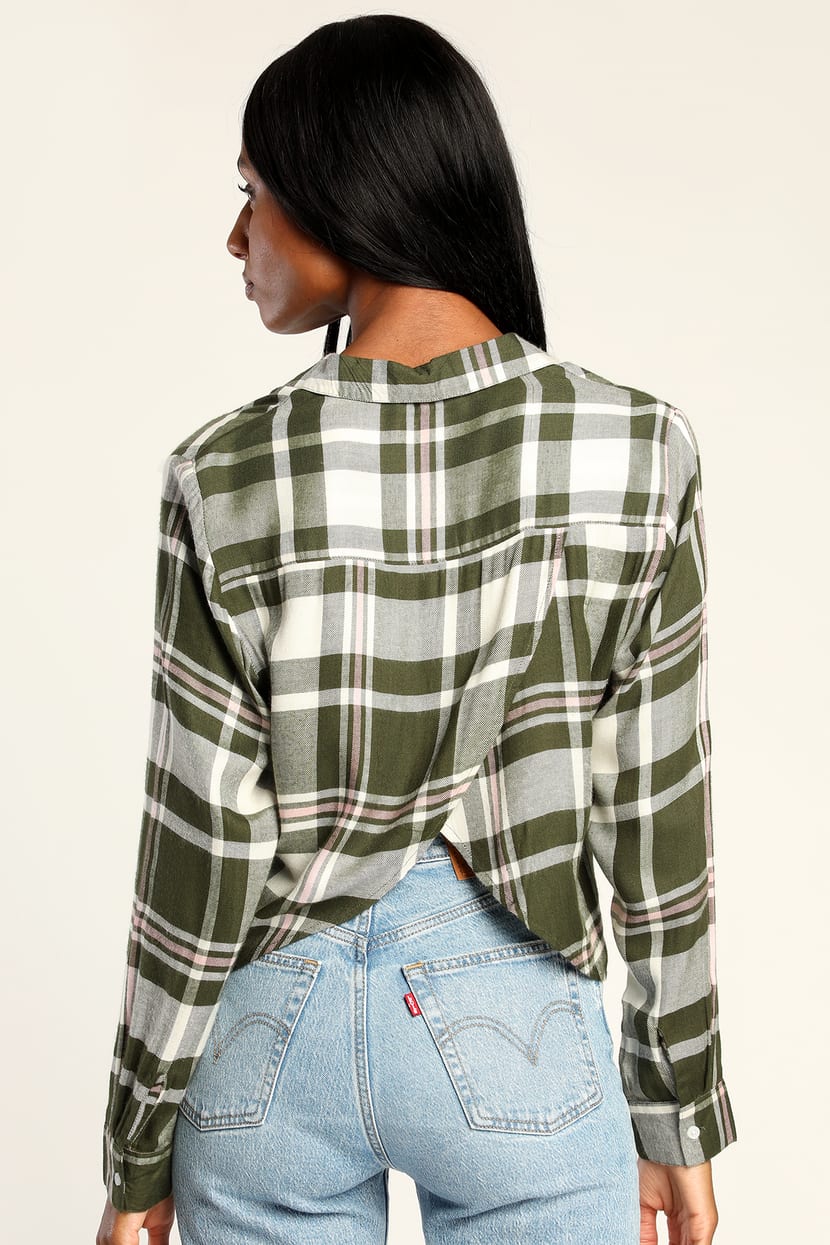 Olive Green Plaid Top - Tulip Back Top - Button-Up Top - Lulus