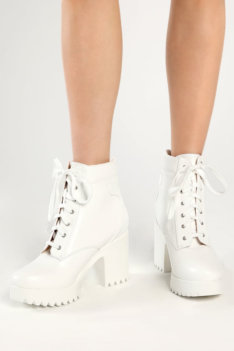 Cute White Boots - Lug Sole Platform Booties - Faux Leather Boots - Lulus