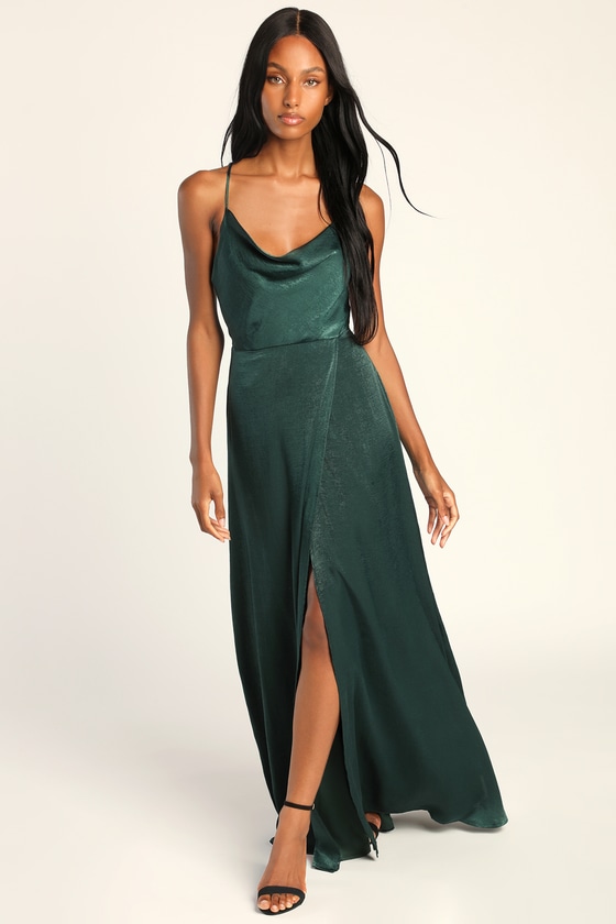 Emerald Green Satin Dress Satin Maxi Dress Cowl Neck Dress Lulus ...