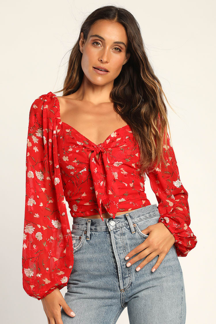 Red Floral Print Blouse - Red Long Sleeve Top - Tie-Front Blouse - Lulus