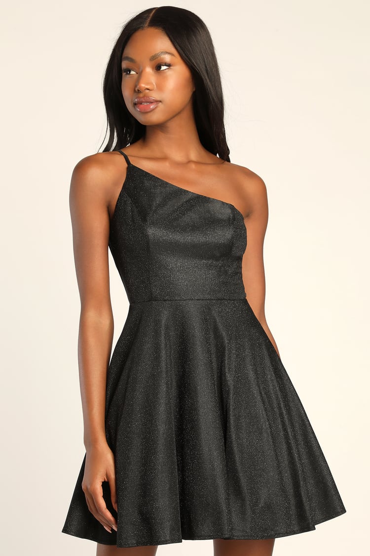 Black Shiny Mini Dress - One-Shoulder Dress - A-Line Mini Dress - Lulus