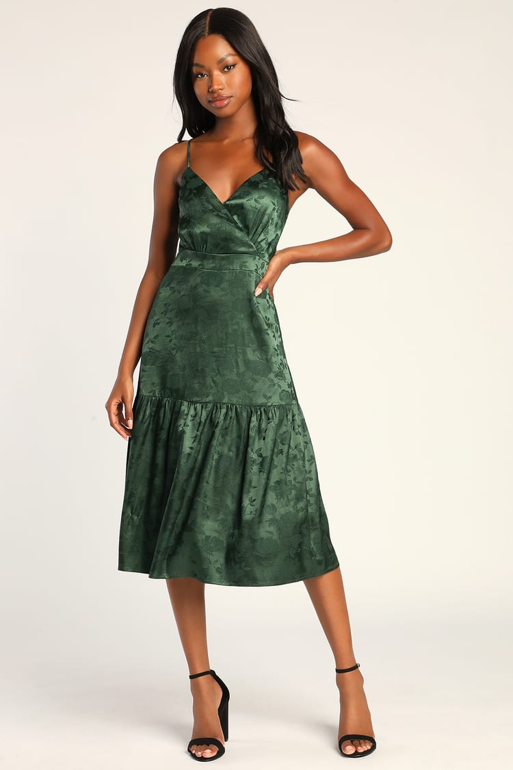 Emerald Green Midi Dress - Satin Dress - Jacquard Midi Dress - Lulus