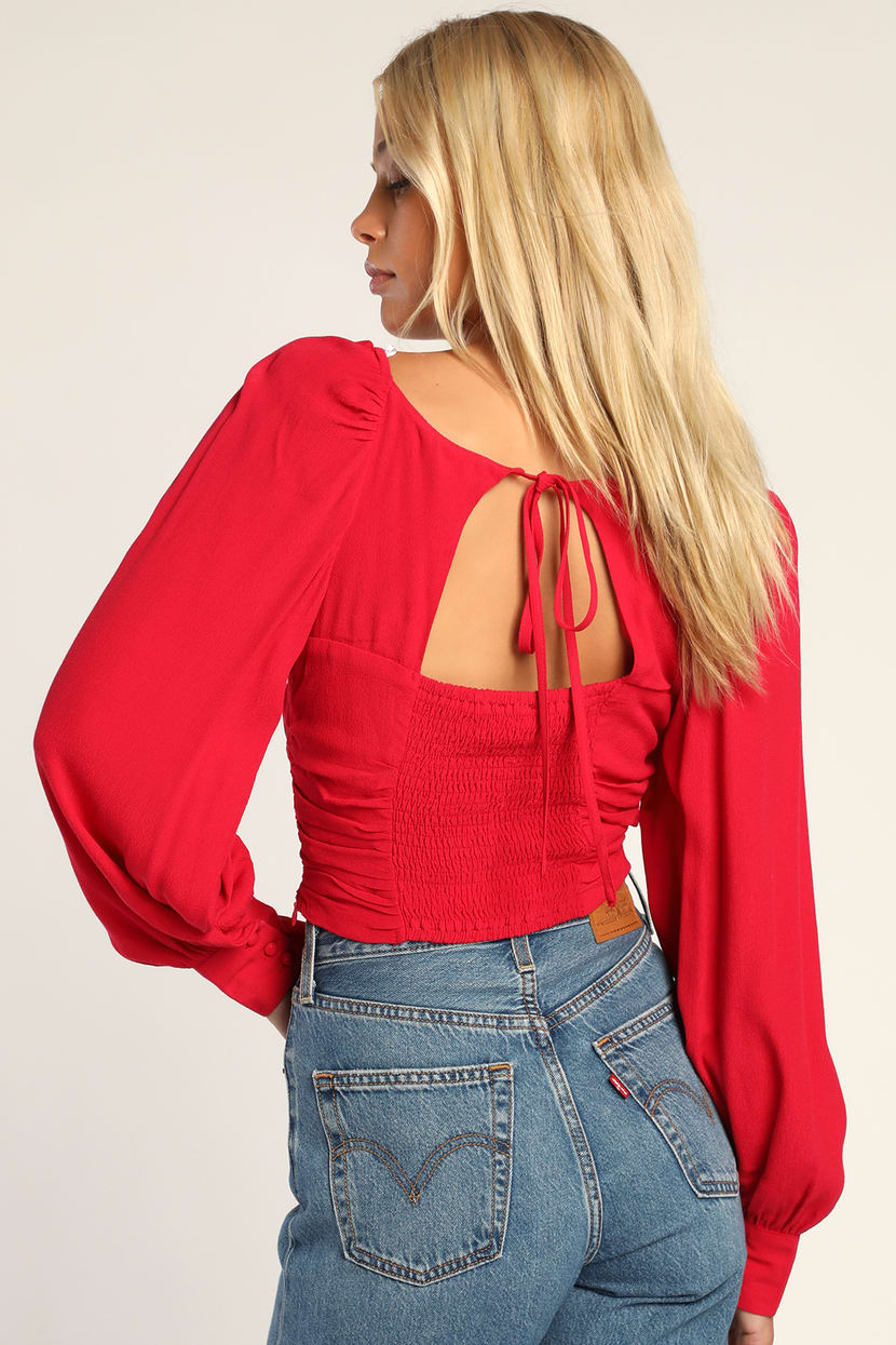 Stylish Season Bright Red Ruched Long Sleeve Top