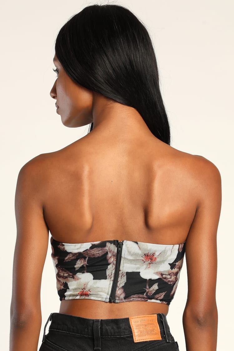 Romantic Memory Black Floral Print Strapless Cropped Bustier Top