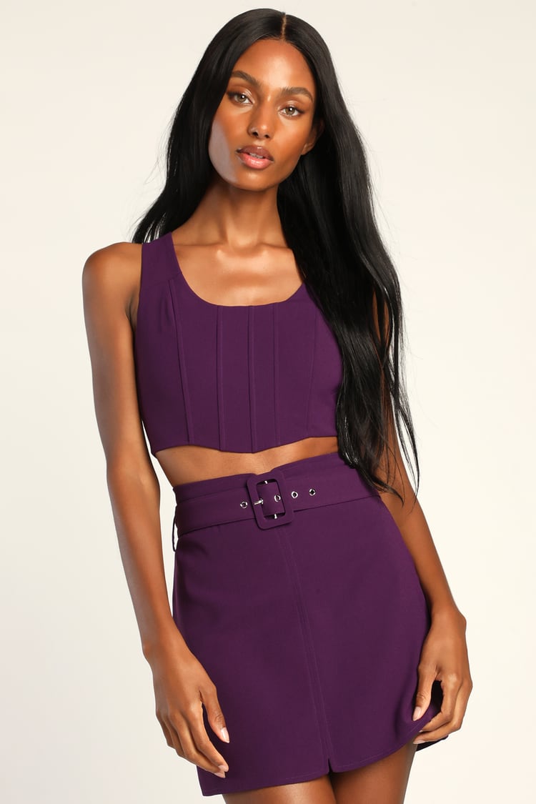 Dark Purple Mini Skirt - High-Waisted Skirt - Belted Mini Skirt - Lulus