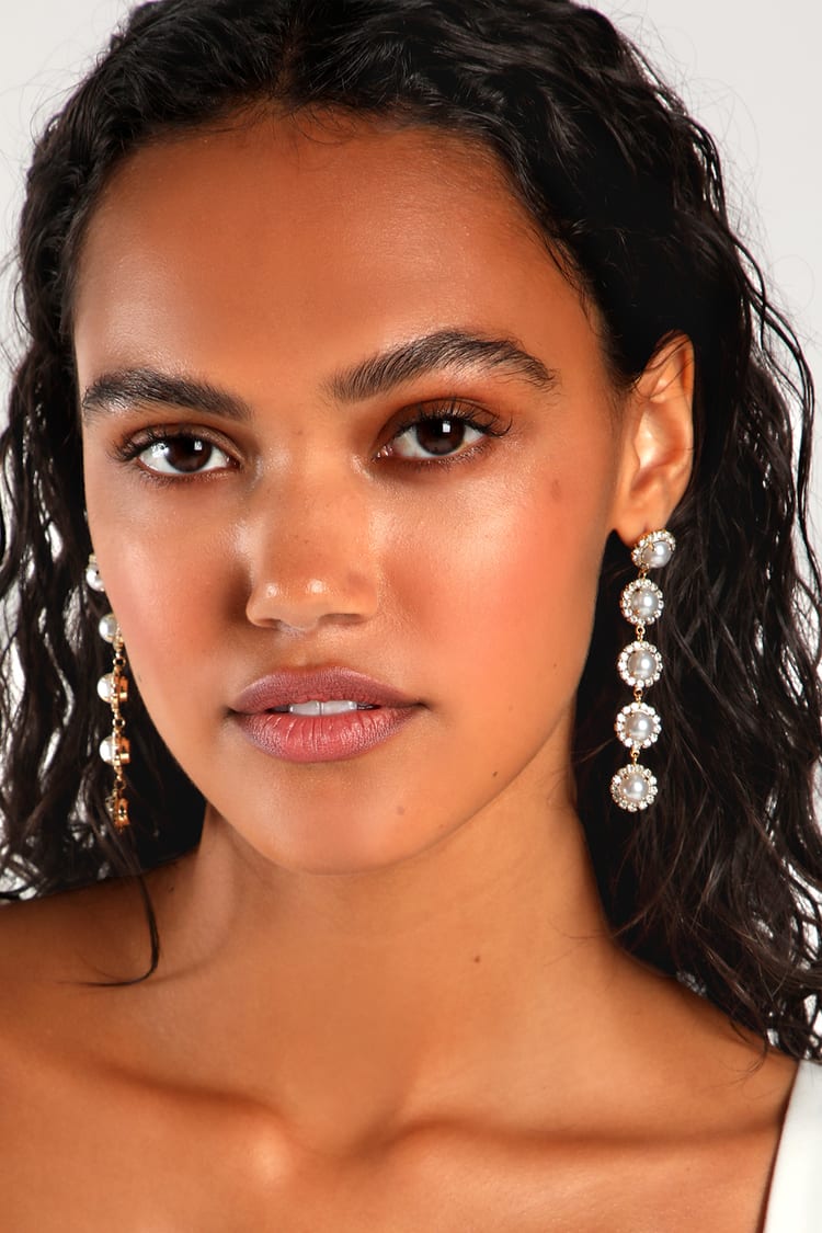 Gold Rhinestone Earrings - Drop Earrings - Dangly Pearl Earrings - Lulus