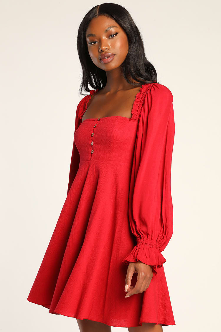 Red Mini Dress - Button-Up Dress - Long Sleeve Mini Dress - Lulus