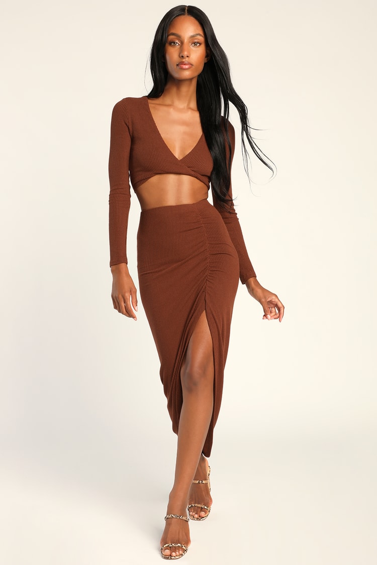 Brown Knit Midi Dress - Twist Front Dress - 2-Pc Long Sleeve Midi - Lulus