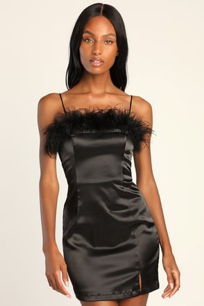 Silk satin feather-trimmed mini black dress - Lorelai - MOYE