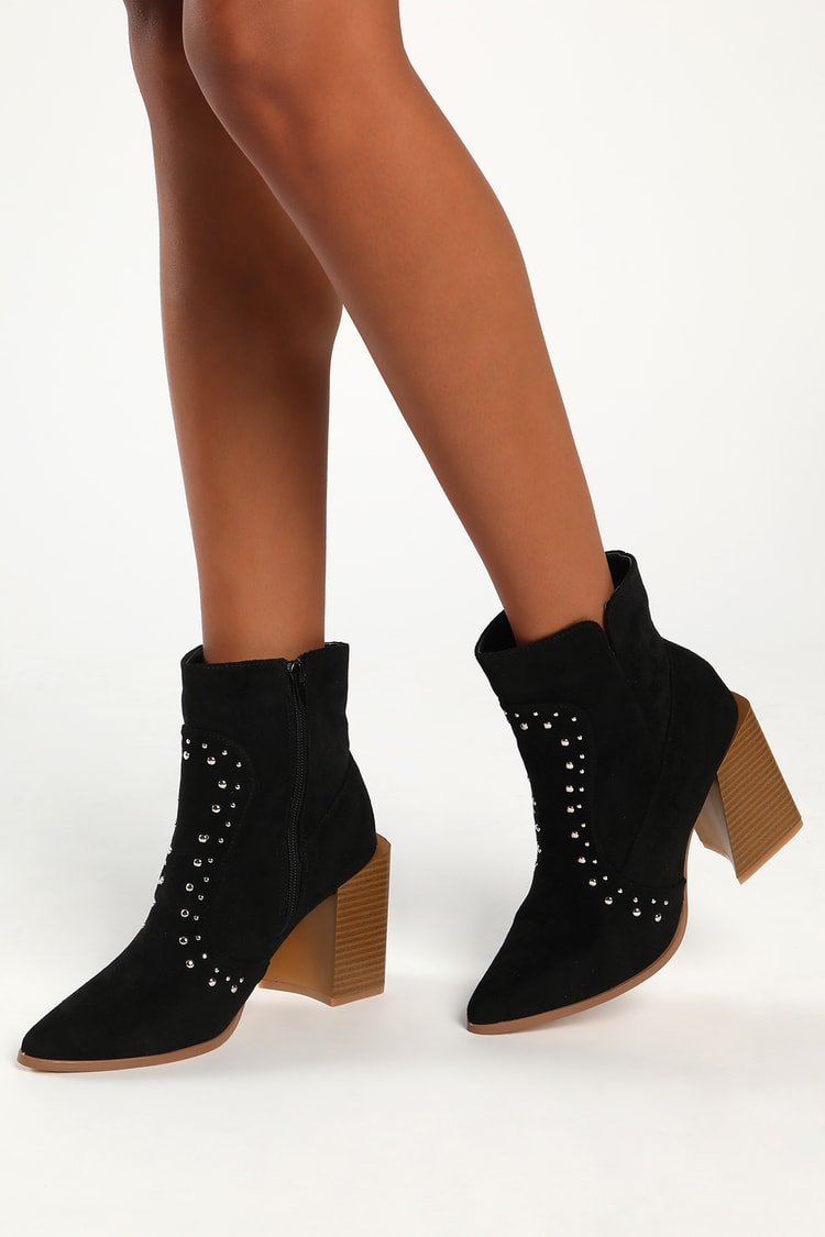 Black Studded Boots - Faux Suede Ankle Boots - Block Heel Booties - Lulus
