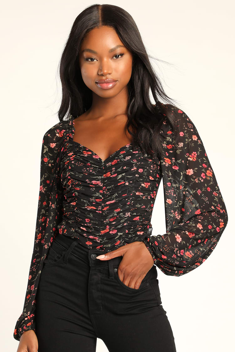 Black Floral Top - Ruched Women's Top - Long Sleeve Top - Lulus
