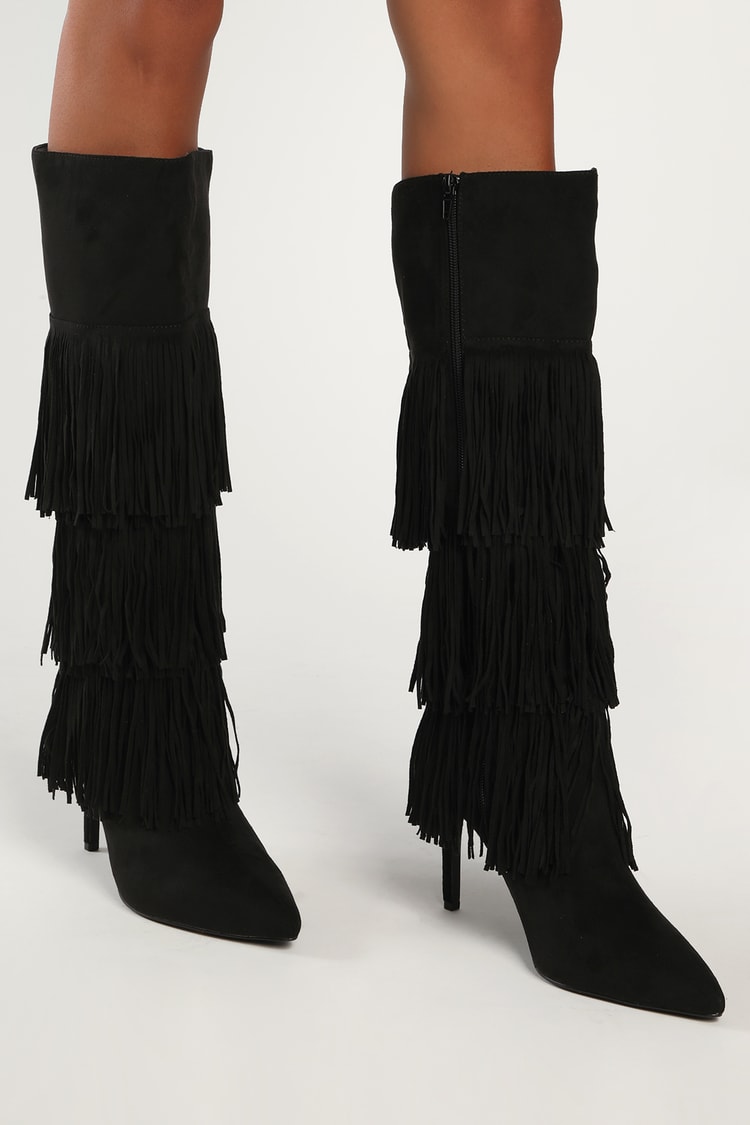 Black Fringe Boots - Knee-High Boots - Black Stiletto Heel Boots - Lulus