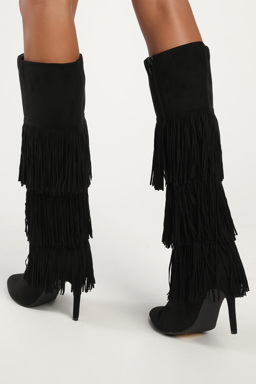 Black Fringe Boots - Knee-High Boots - Black Stiletto Heel Boots - Lulus