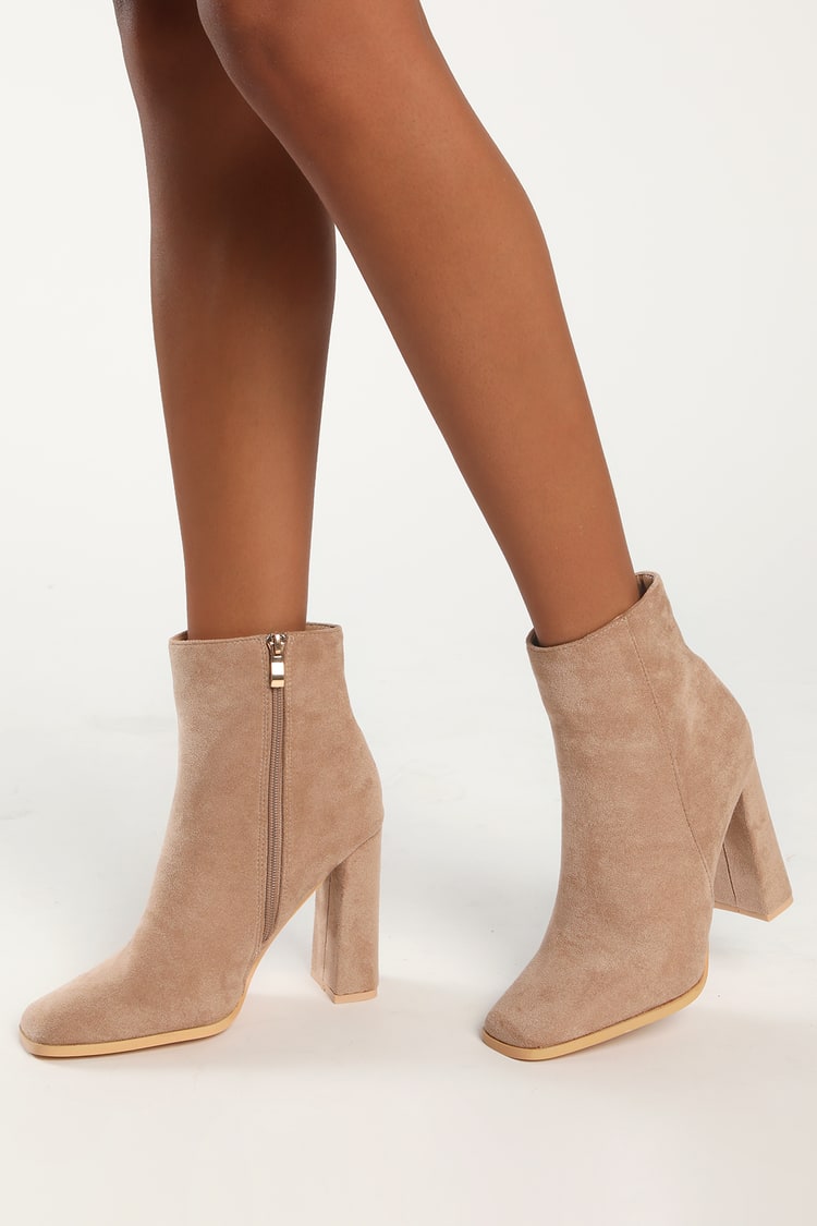 Taupe Suede Boots - Square Toe Boots - Cute Block Heel Booties - Lulus