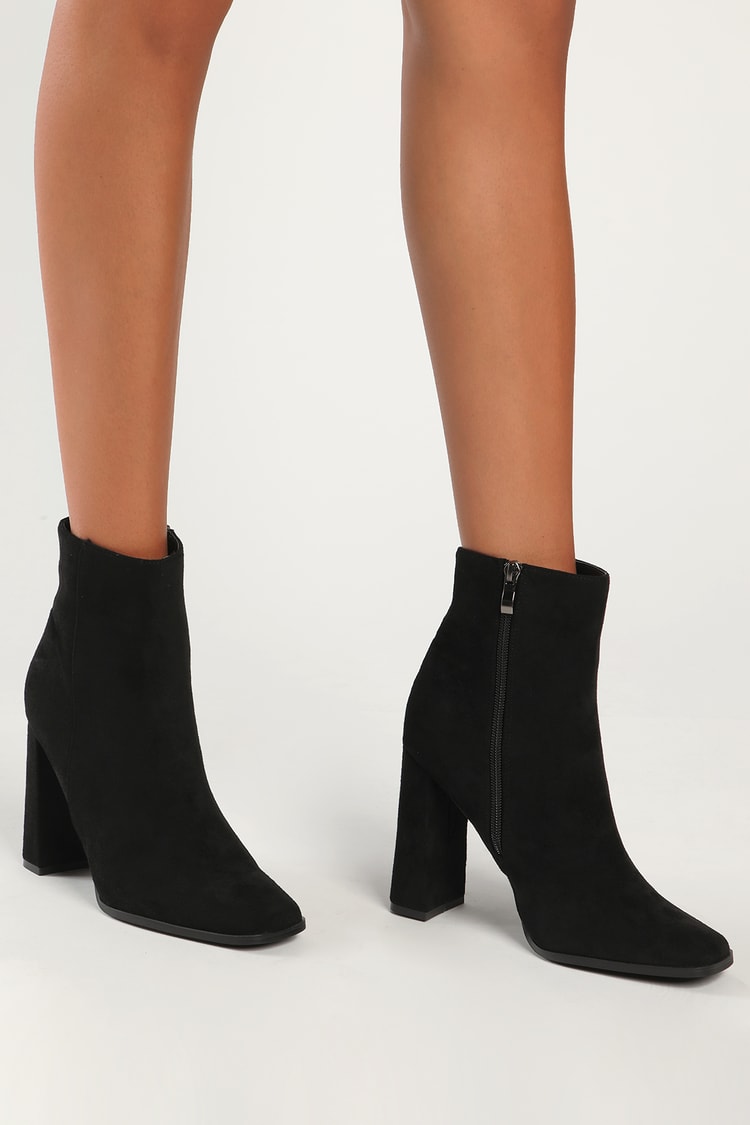 Black Suede Boots - Square Toe Boots - Cute Block Heel Booties - Lulus