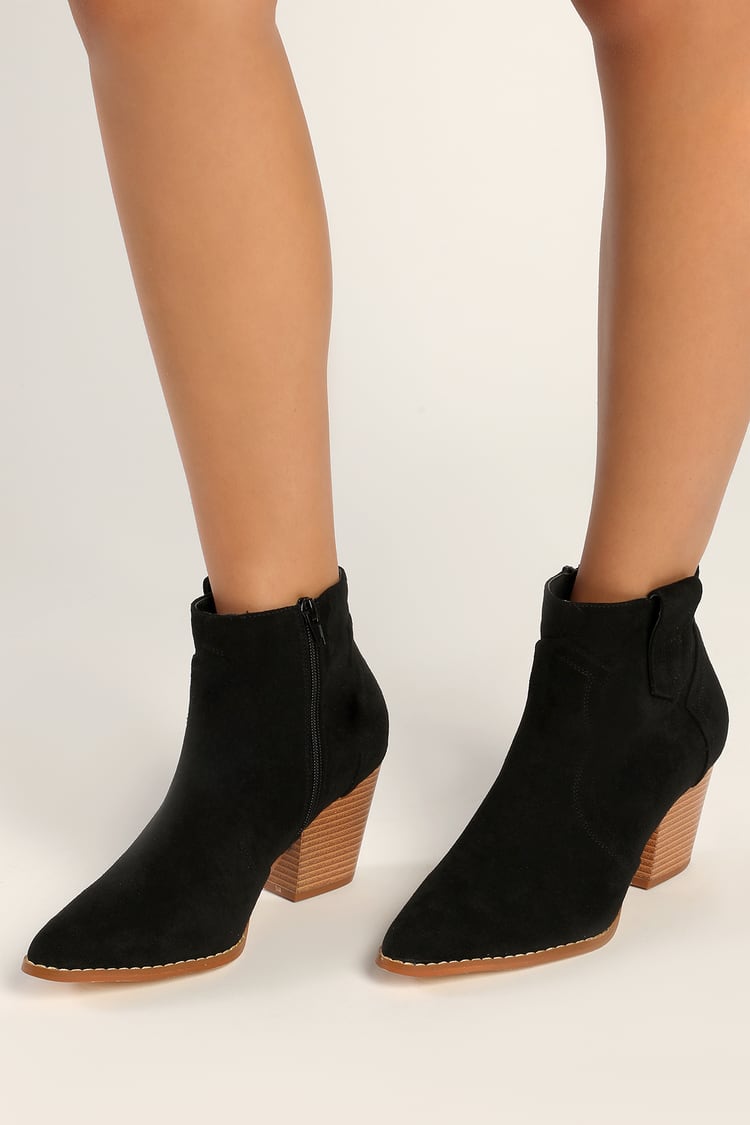 Black Faux Suede Boots - Western-Style Booties - Ankle Boots - Lulus