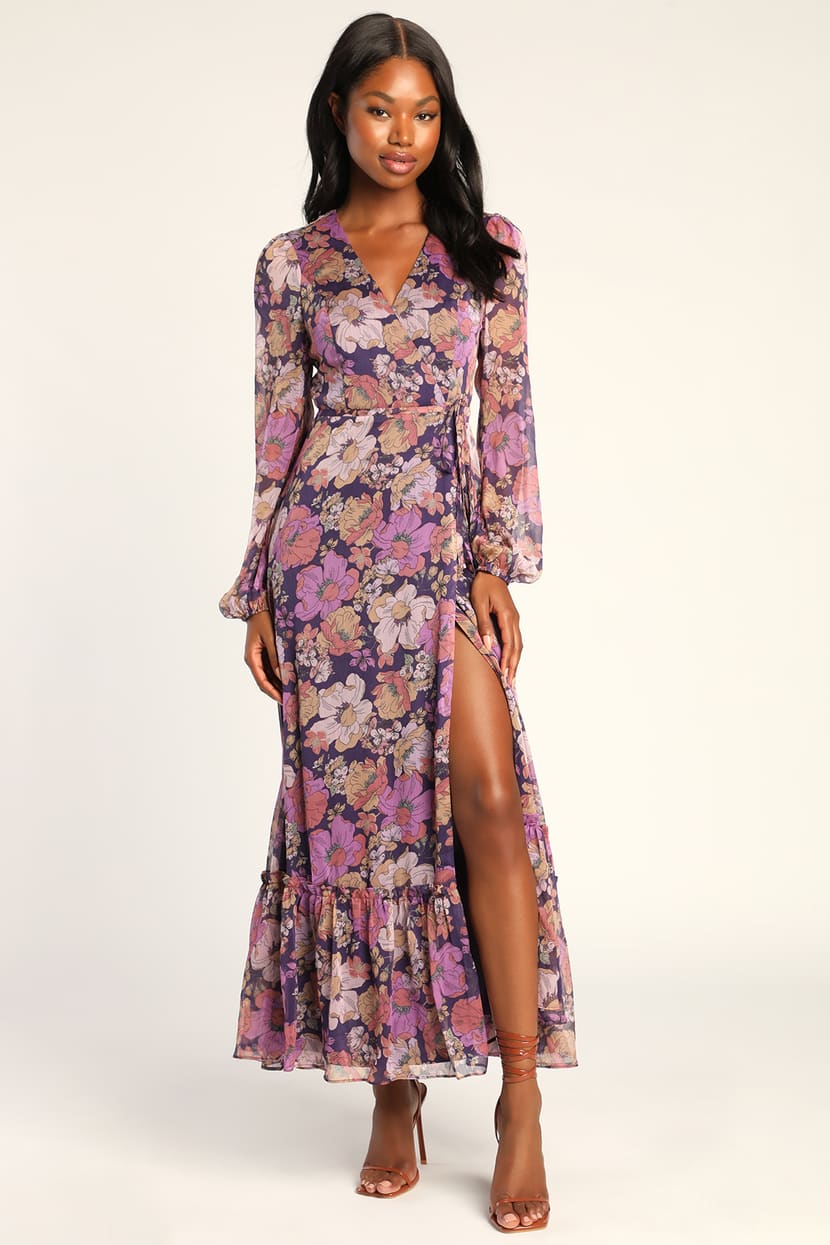 Purple Floral Maxi Dress - Maxi Wrap Dress - Long Sleeve Dress - Lulus