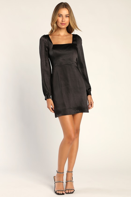 Black Mini Dress Black Satin Dress Long Sleeve Mini Dress Lulus 0853