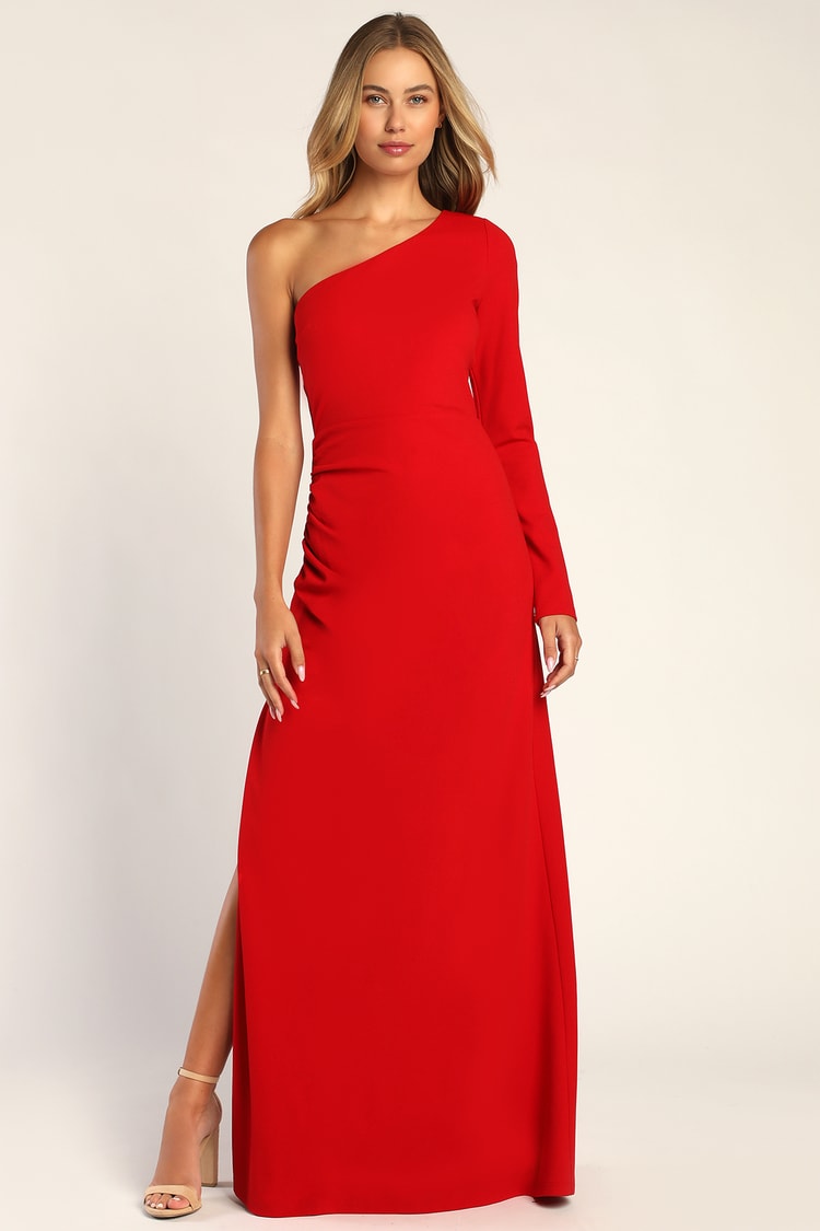 Red One-Shoulder Dress - Maxi Dress - Long Sleeve Maxi Dress - Lulus