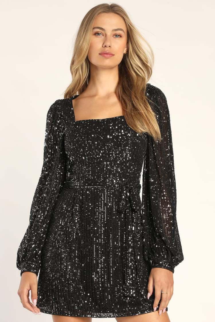 Black Mini Dress - Sequin Dress - Long Sleeve Dress - Lulus