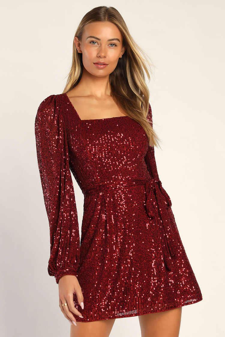 Wine Red Mini Dress - Sequin Mini Dress - Long Sleeve Dress - Lulus