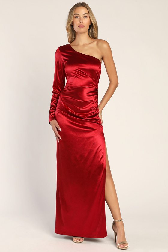 Red One-Shoulder Dress - Red Satin Gown - Ruched Maxi Dress - Lulus