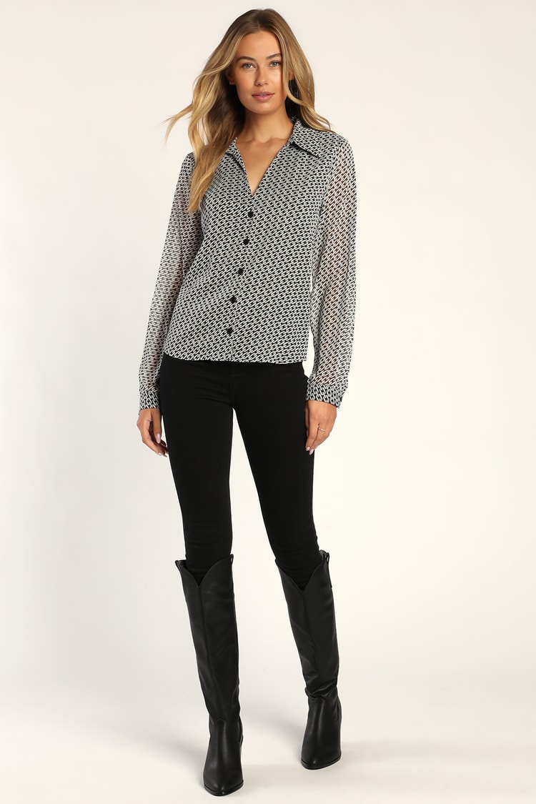 Grey Chain Print Top - Button-Up Top - Lurex Printed Button-Up - Lulus