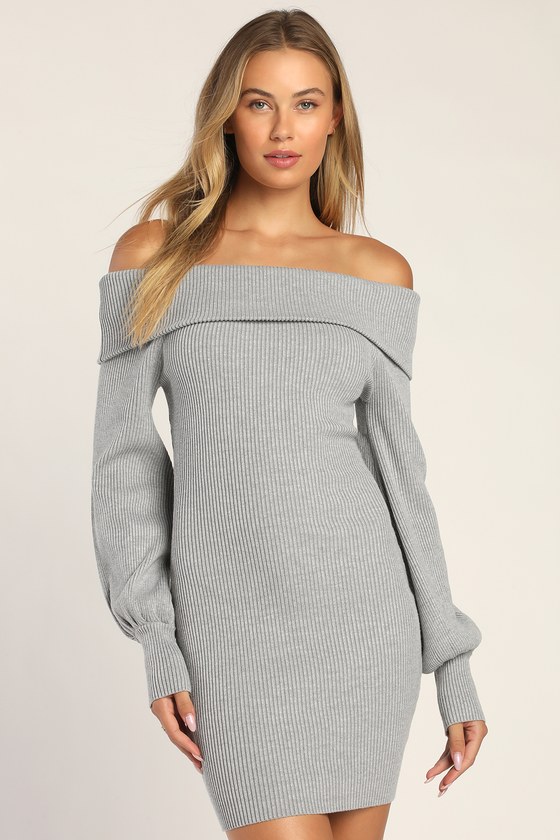 Heather Grey Dress - Mini Bodycon Dress - Off-the-Shoulder Dress